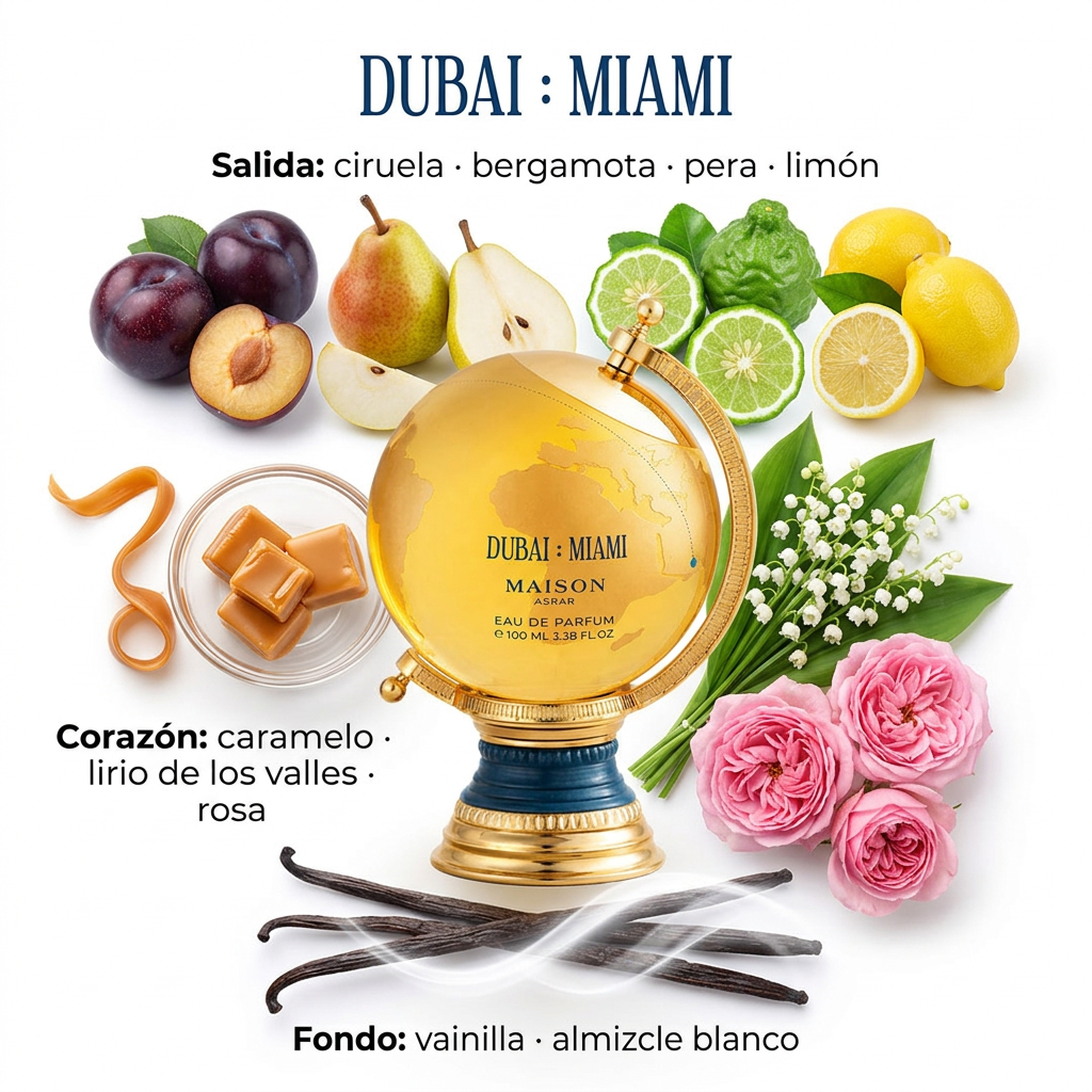Dubai Miami con ciruela, pera, cítricos, caramelo, flores y vainilla sobre fondo blanco