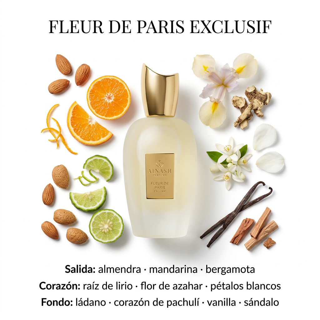 Fleur de Paris Exclusif con almendra, cítricos, flores blancas, vainilla y sándalo sobre fondo blanco
