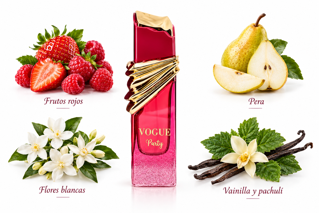 Maison Alhambra Vogue Party con frutos rojos, pera, flores blancas, vainilla y pachulí sobre fondo blanco