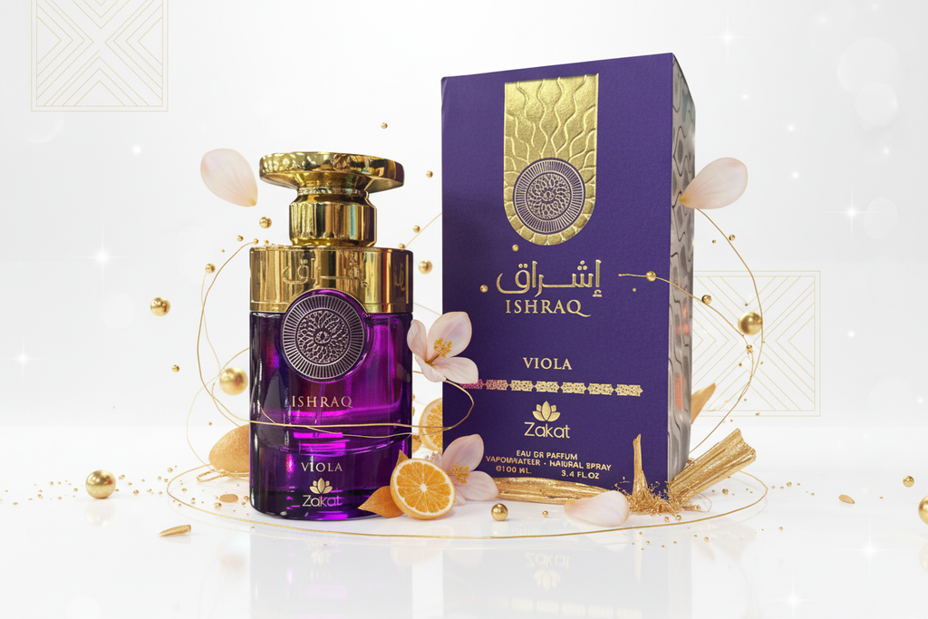 Zakat Ishraq Viola Eau de Parfum 100ml en composición editorial árabe clara