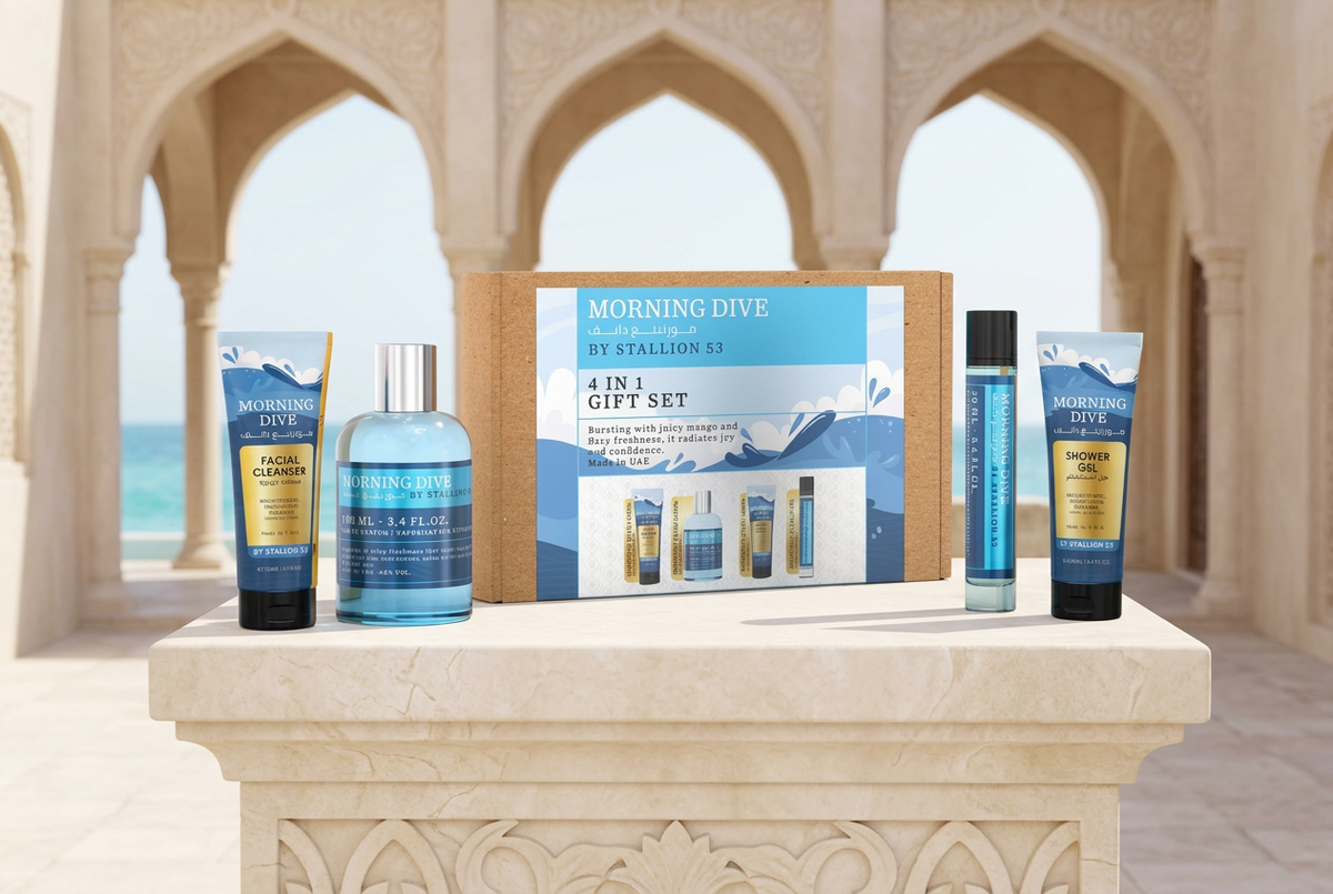 Emper Morning Dive Gift Set en editorial árabe clara y luminosa