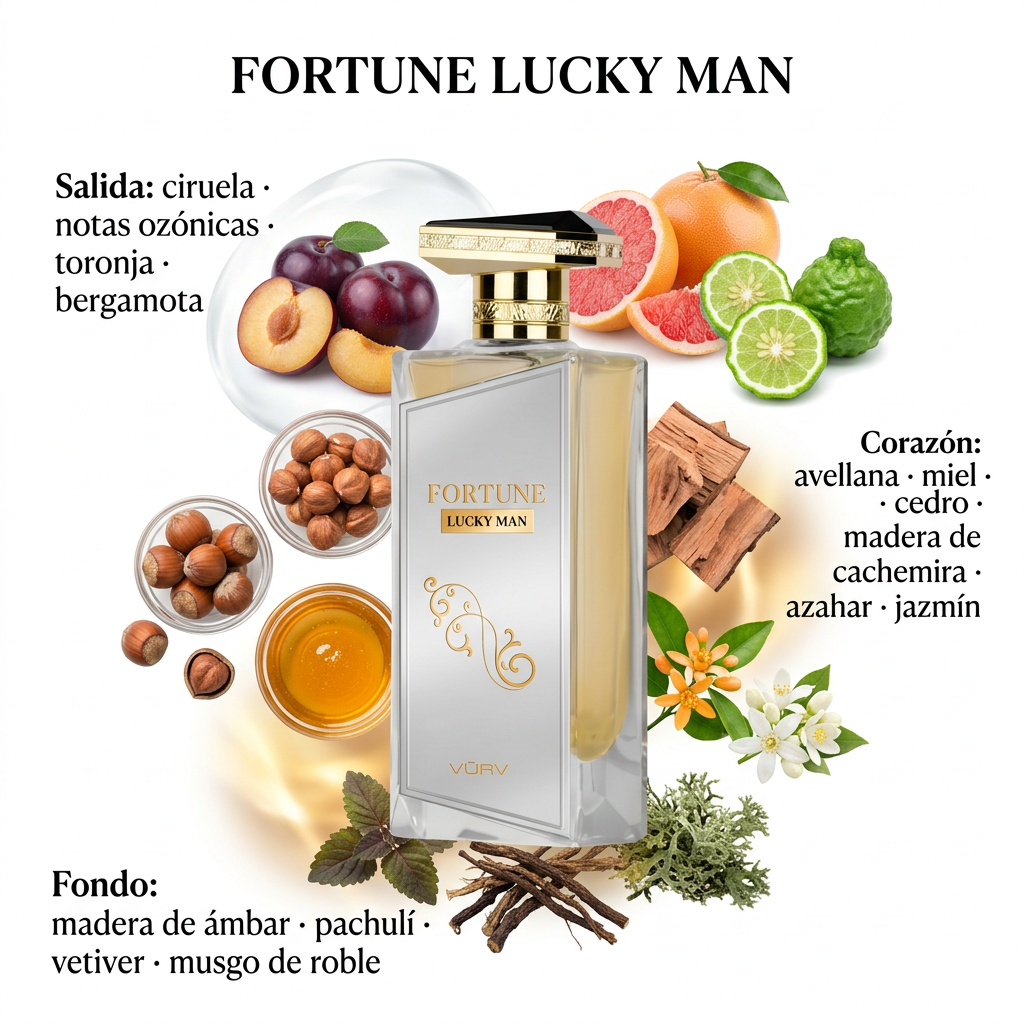 Vurv Fortune Lucky Man con ciruela, avellanas, miel y notas amaderadas sobre fondo blanco