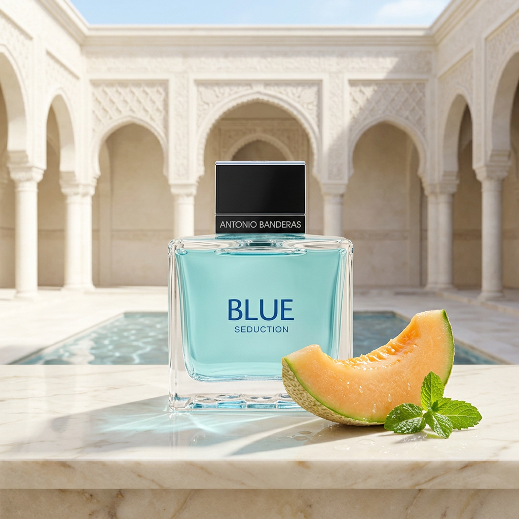 Blue Seduction de Antonio Banderas en un entorno editorial árabe luminoso