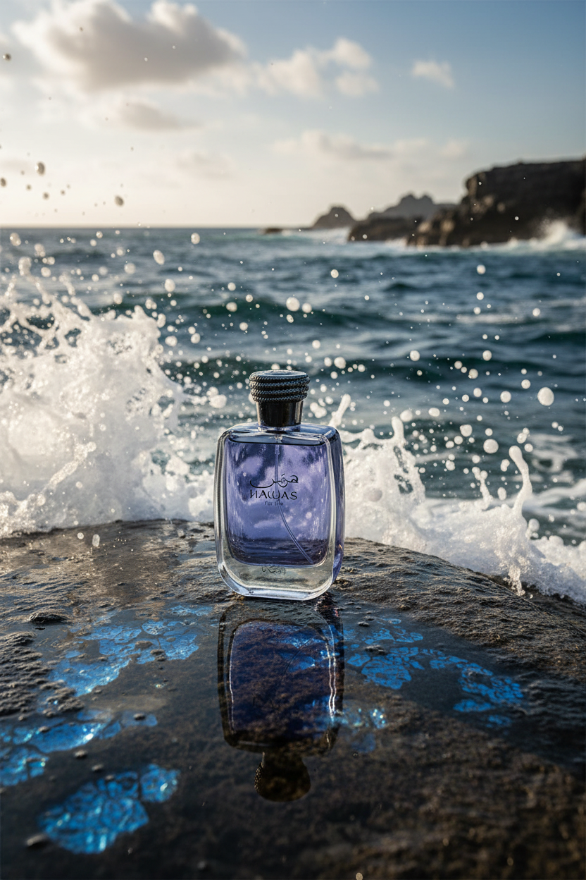 Perfume Rasasi Hawas: frasco azul transparente con tapa texturizada, 100 ml
