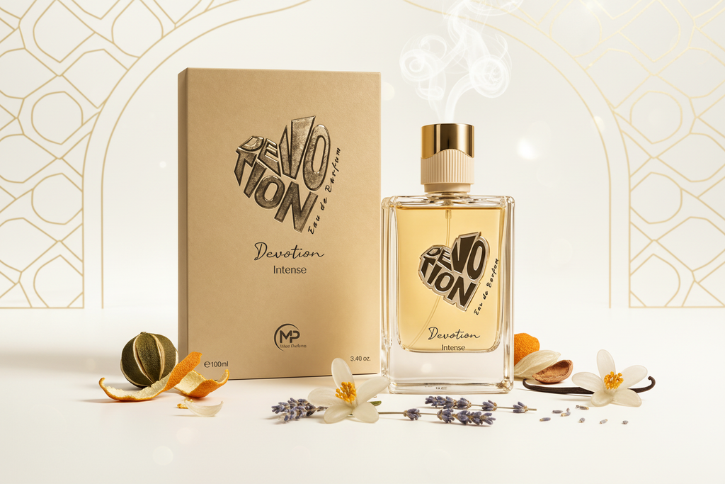 Bharara Mast Devotion Intense Women Eau de Parfum 100ml en composición editorial árabe clara