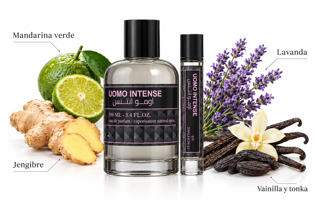Emper Uomo Intense by Stallion 53 Men con mandarina verde, jengibre, lavanda, vainilla y tonka sobre fondo blanco