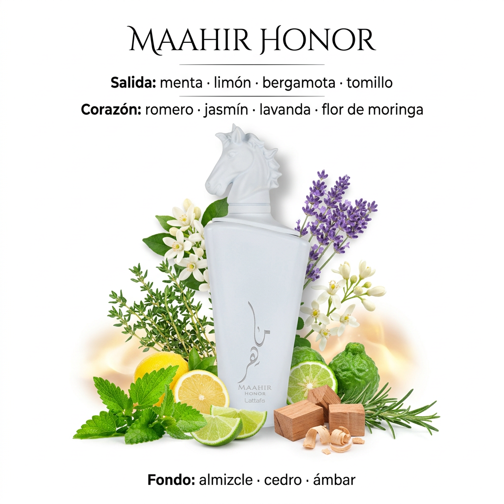 Maahir Honor con cítricos, menta, hierbas aromáticas y flores sobre fondo blanco