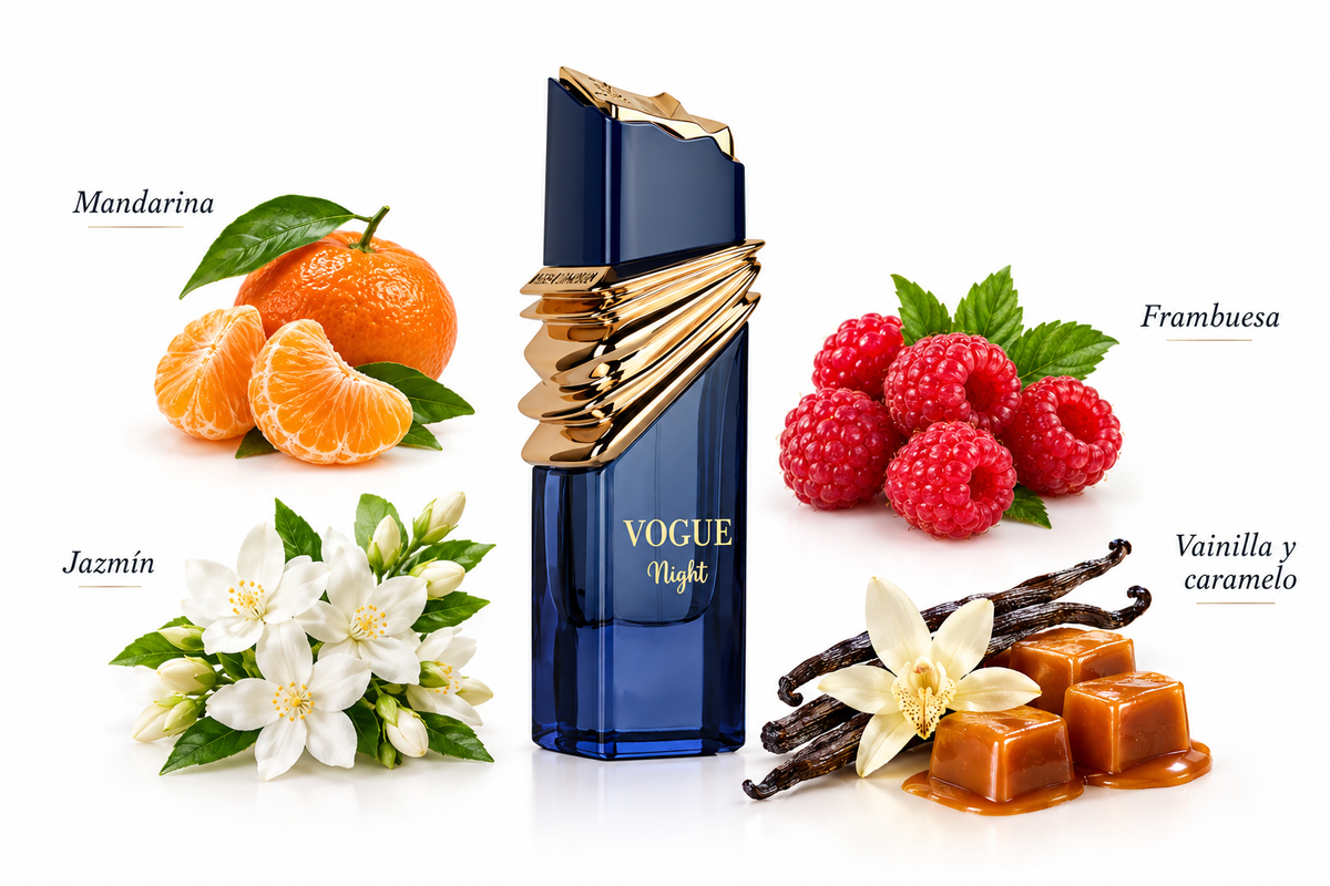 Maison Alhambra Vogue Night con mandarina, jazmín, frambuesa, vainilla y caramelo sobre fondo blanco