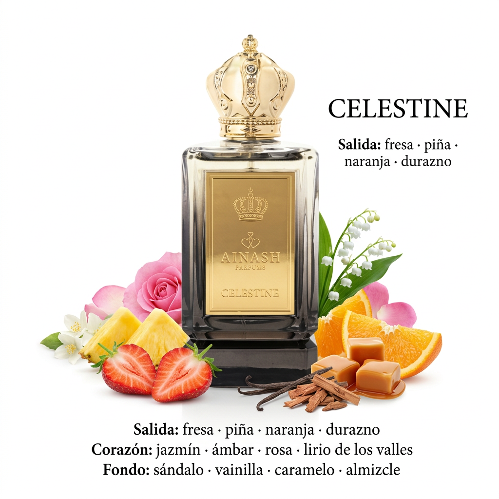 Ainash Celestine con frutas, flores, vainilla, caramelo y sándalo sobre fondo blanco