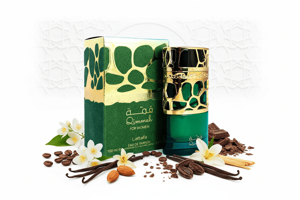 Lattafa Qimmah for Women Eau de Parfum 100ml en composición editorial árabe clara