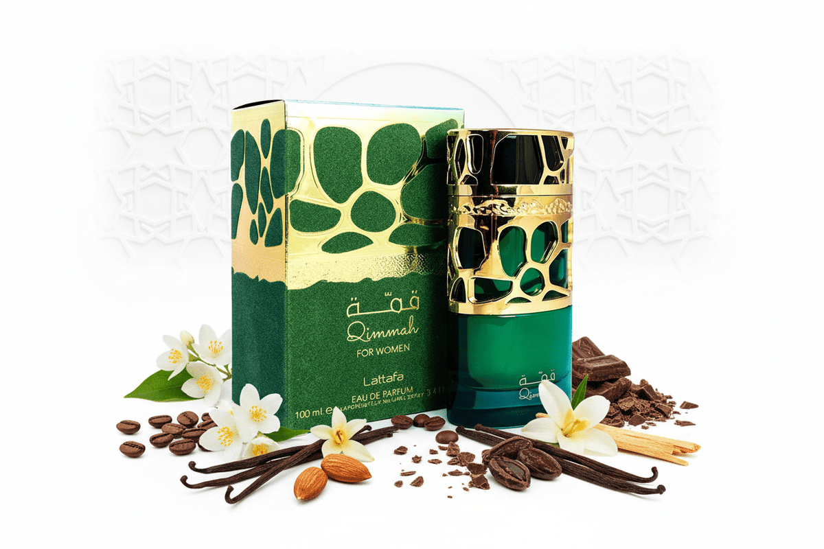 Lattafa Qimmah for Women Eau de Parfum 100ml en composición editorial árabe clara
