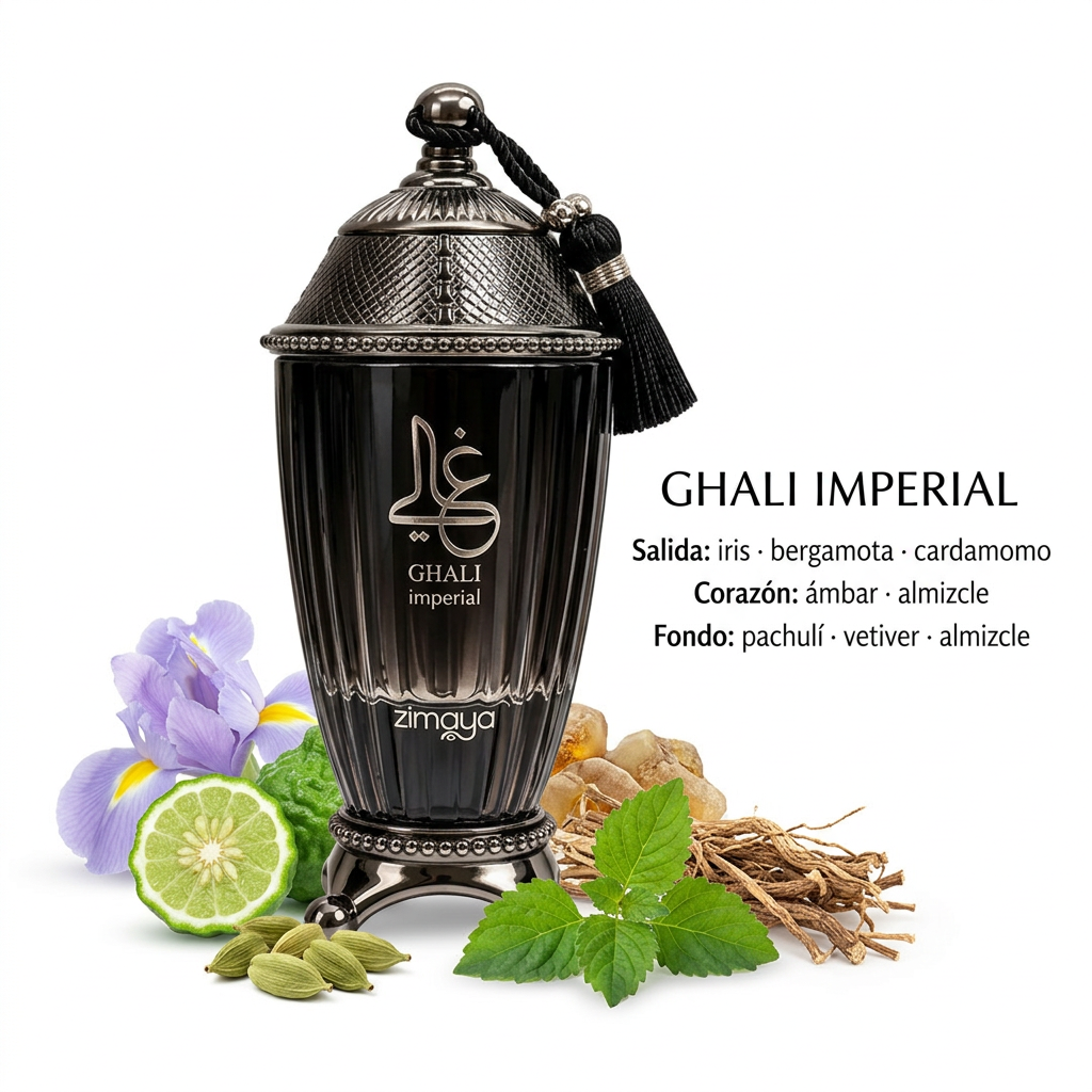 Ghali Imperial con iris, bergamota, cardamomo, pachulí y vetiver sobre fondo blanco