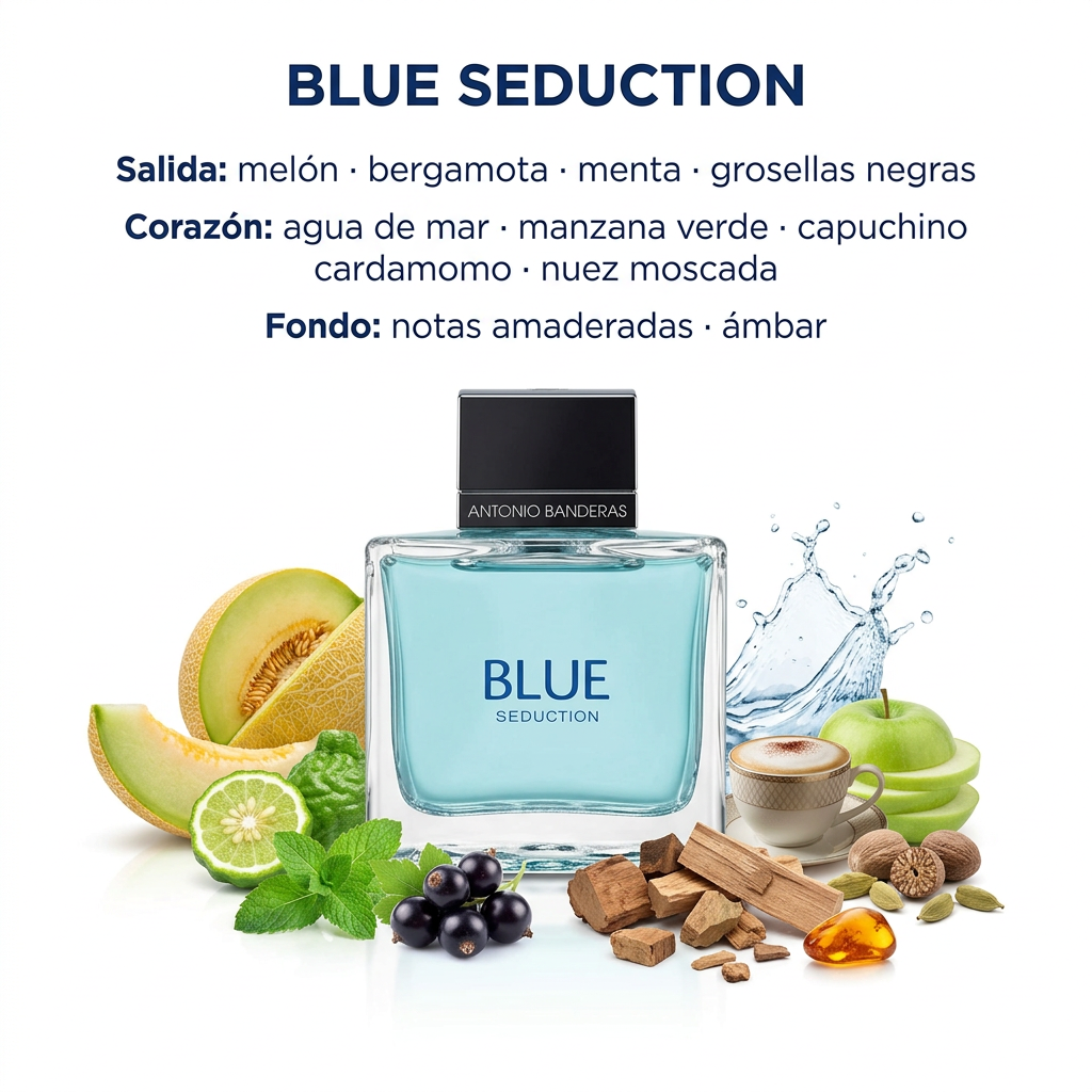 Blue Seduction con melón, cítricos, menta, manzana y sus notas sobre fondo blanco