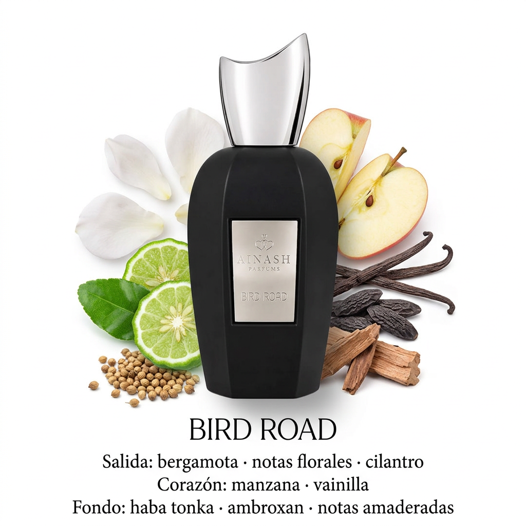 Ainash Bird Road con bergamota, manzana, vainilla, haba tonka y madera sobre fondo blanco