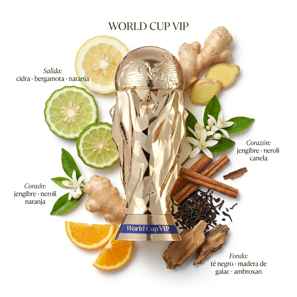 World Cup VIP con cítricos, jengibre, neroli, canela, té negro y madera sobre fondo blanco
