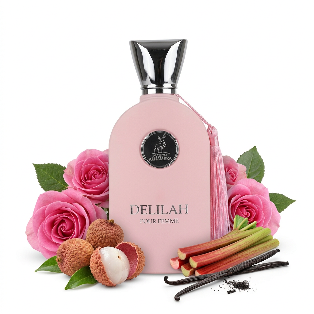 Delilah Pour Femme con rosas, lichi, ruibarbo y vainilla sobre blanco