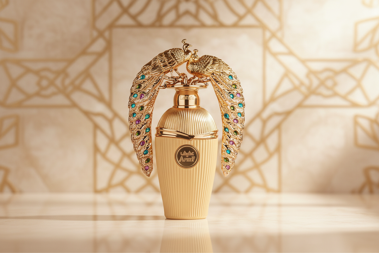 Perfume Lattafa Afeef en botella dorada con reflejo y adorno alado