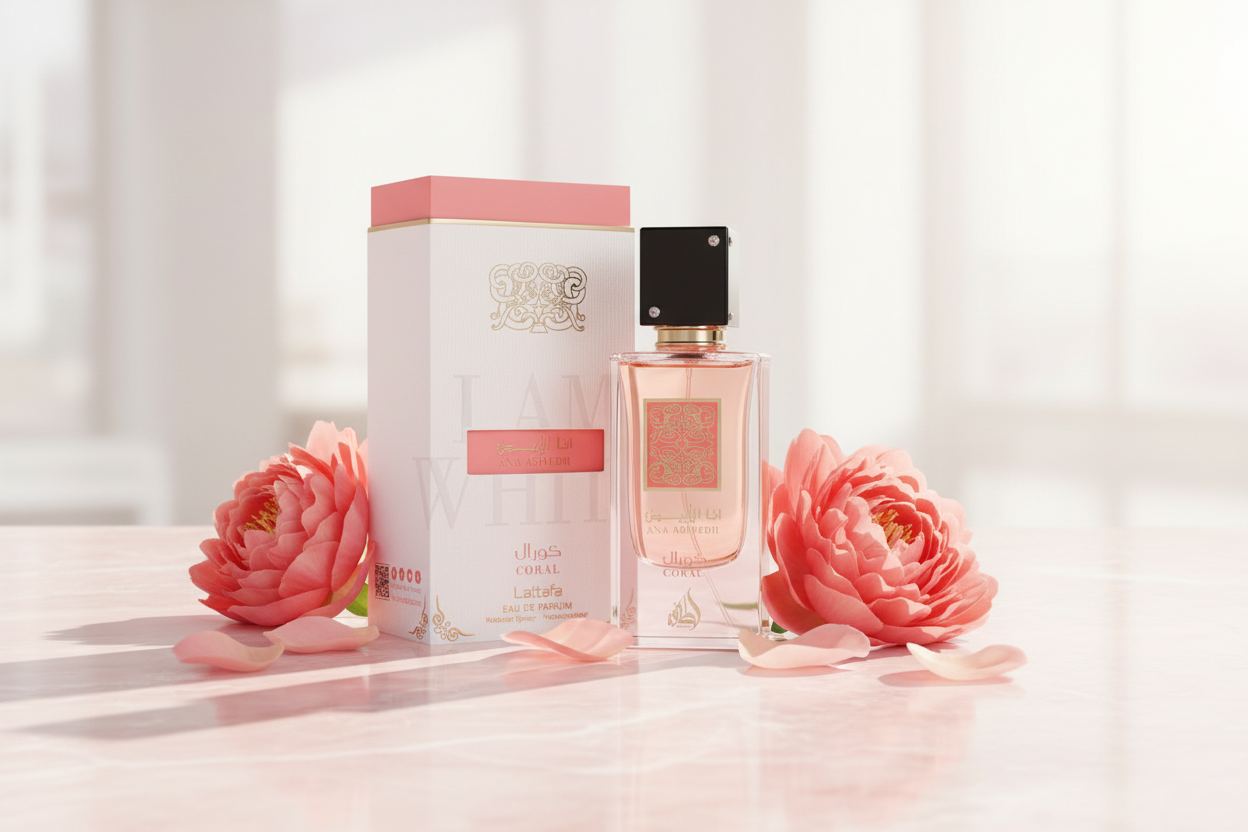 Perfume Lattafa Ana Abiyedh Coral: frasco y caja, color coral, tapa dorada