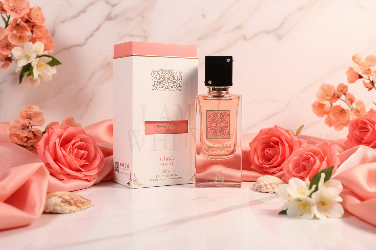 Perfume coral Lattafa en frasco de vidrio con tapa negra y caja decorada