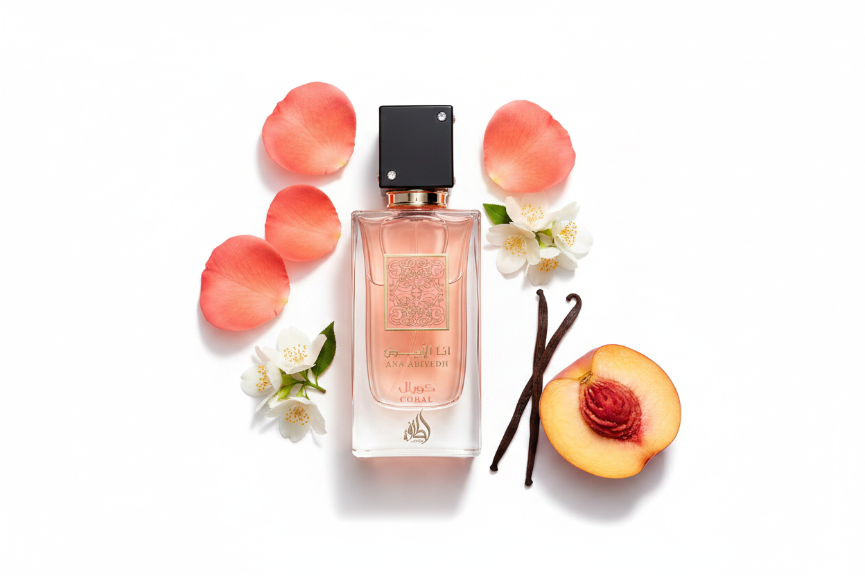 Lattafa Ana Abiyedh Coral — Notes Flat Lay