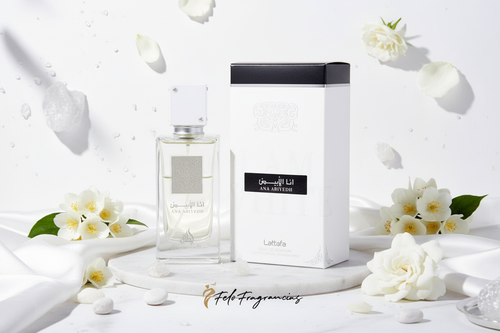 Perfume Lattafa Ana Abiyedh Eau de Parfum 100 ml, frasco transparente con caja blanca.