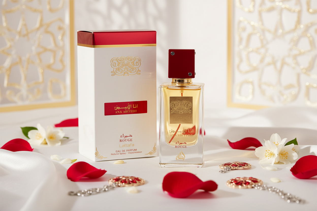 Caja blanca y frasco de Eau de Parfum con tapa roja, con flores blancas y pétalos