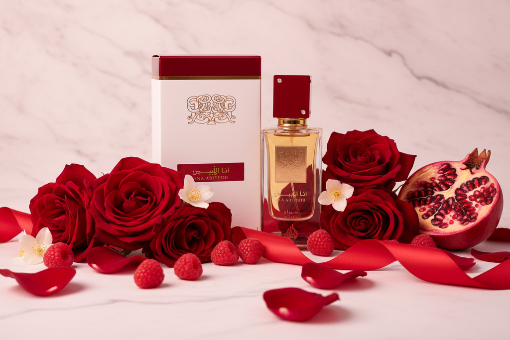 Caja blanca y frasco de Eau de Parfum con tapa roja, rodeados de rosas y granadas