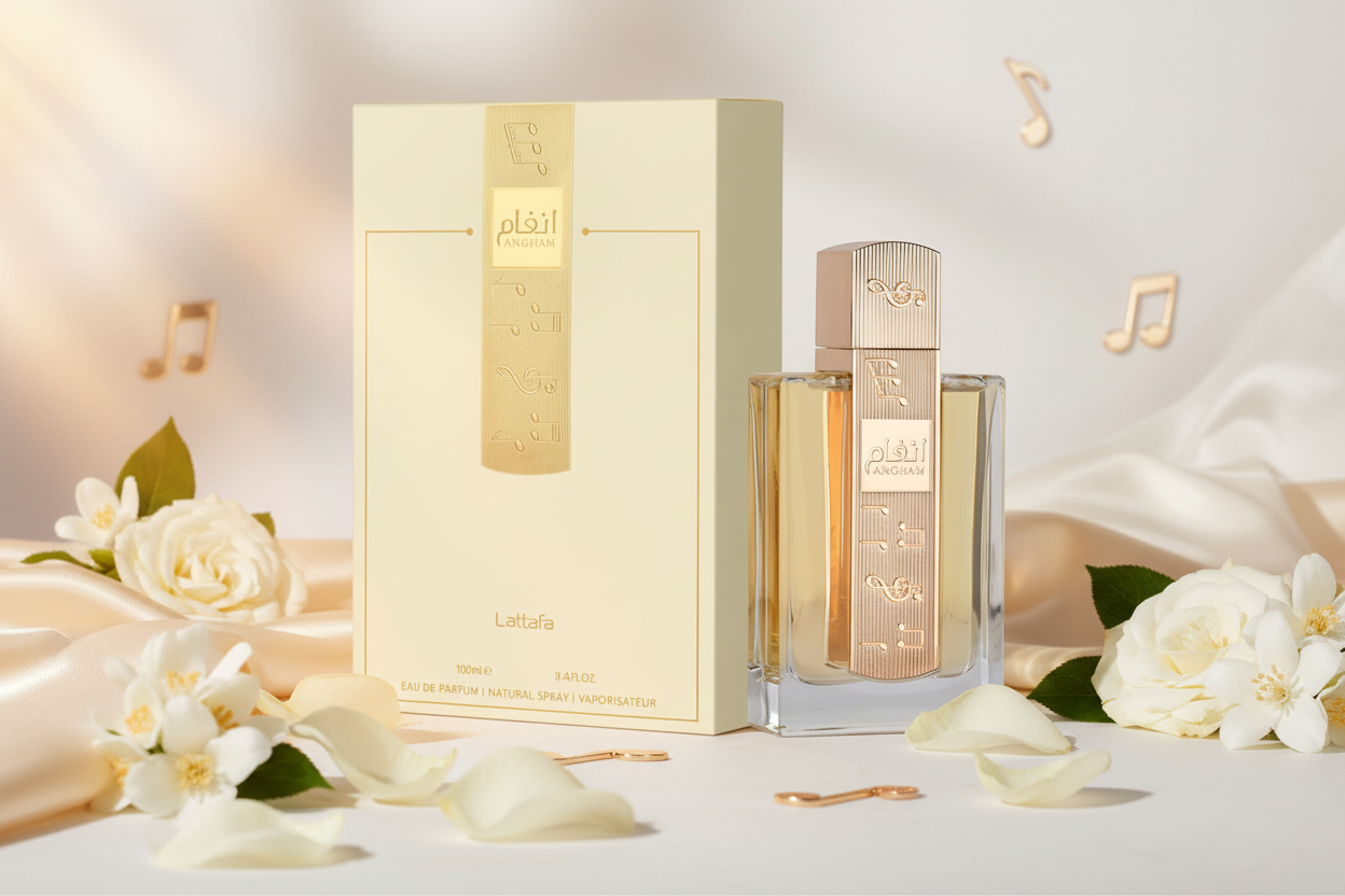 Perfume Lattafa Angham Eau de Parfum 100 ml, frasco transparente con caja beige