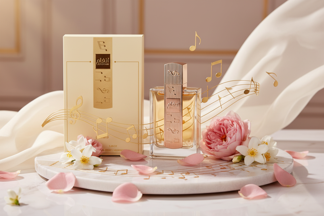 Eau de Parfum Lattafa: frasco transparente con tapa dorada y caja beige