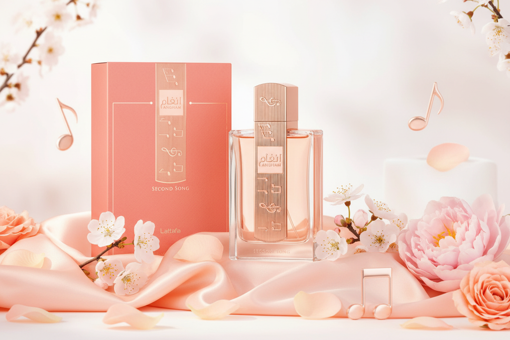 Frasco de Eau de Parfum Lattafa Angham Second Song de 100 ml con caja rosa