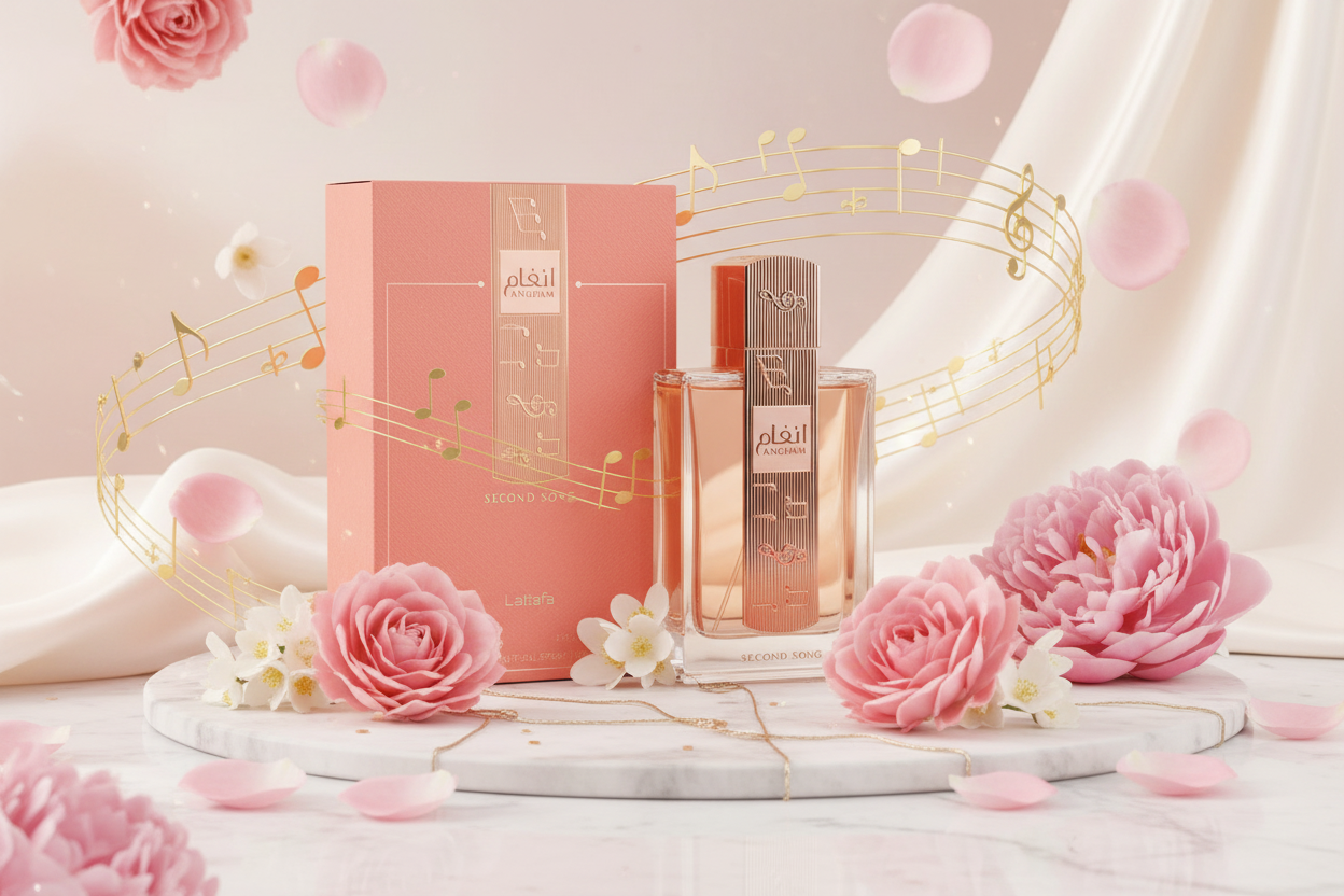 Eau de Parfum: frasco coral con etiqueta oscura y caja rosa