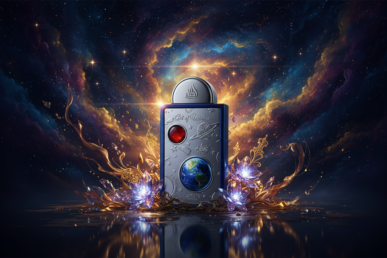 Frasco de perfume plateado con planeta azul y esfera roja, diseño artístico