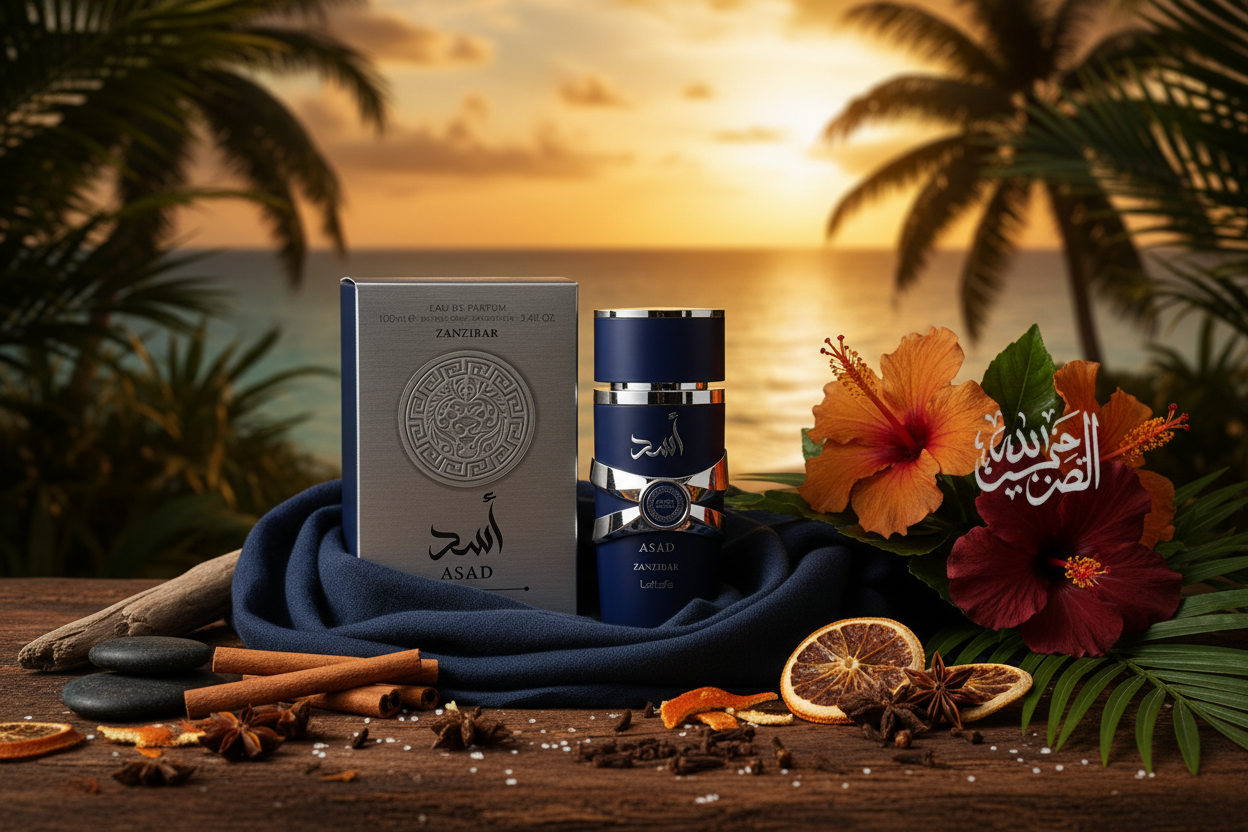 Eau de parfum Lattafa Asad Zanzibar: frasco azul y caja gris, 100 ml
