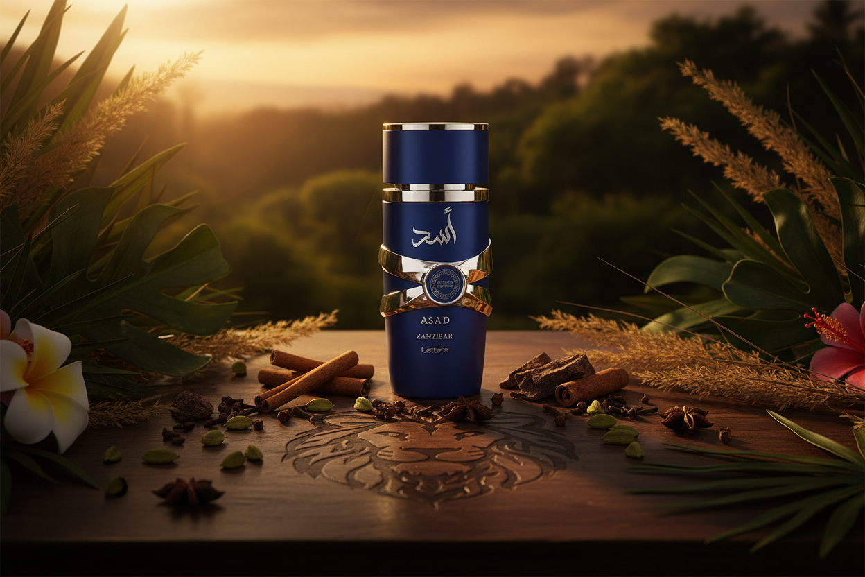 Eau de parfum Lattafa Asad Zanzibar: frasco azul con tapa dorada, 100 ml