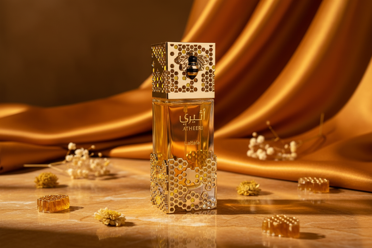 Frasco Lattafa Atheeri Eau de Parfum 100 ml con acabado ámbar y detalles dorados