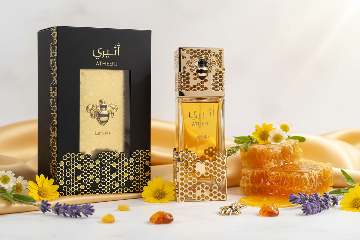 Agua de perfume Lattafa Atheeri 100 ml, frasco con caja negra