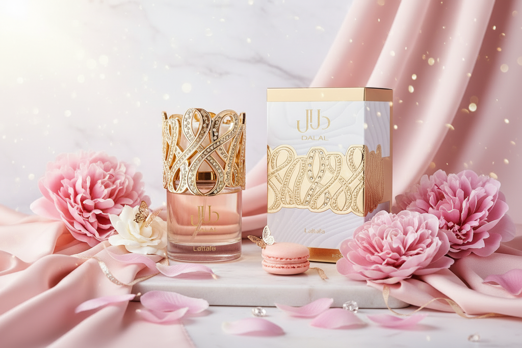 Eau de parfum en frasco con tapa dorada, acompañado de caja