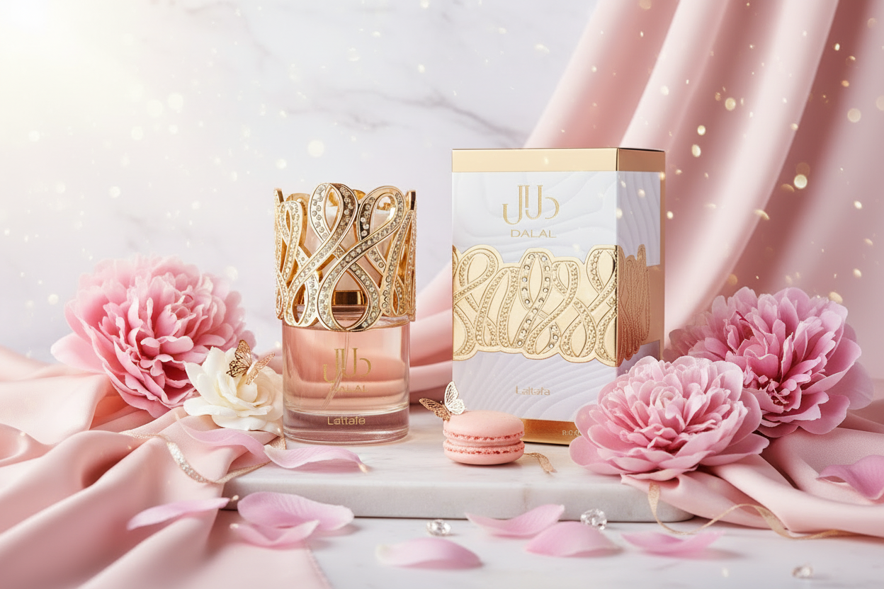 Eau de parfum en frasco con tapa dorada, acompañado de caja