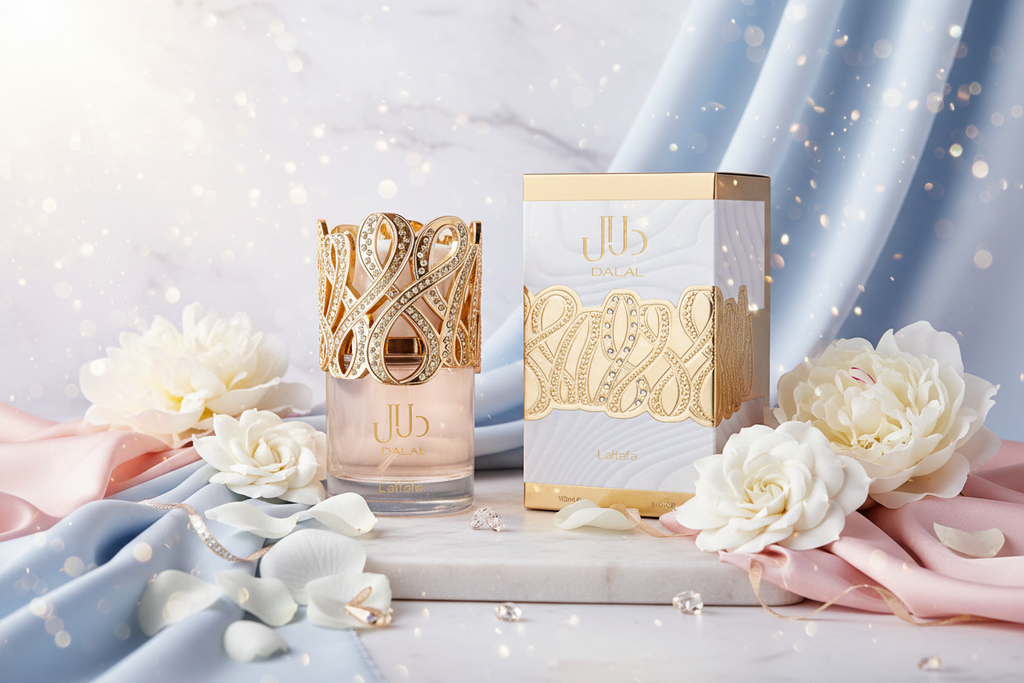 Frasco de perfume Dalal 100 ml con tapa dorada y caja con diseño dorado