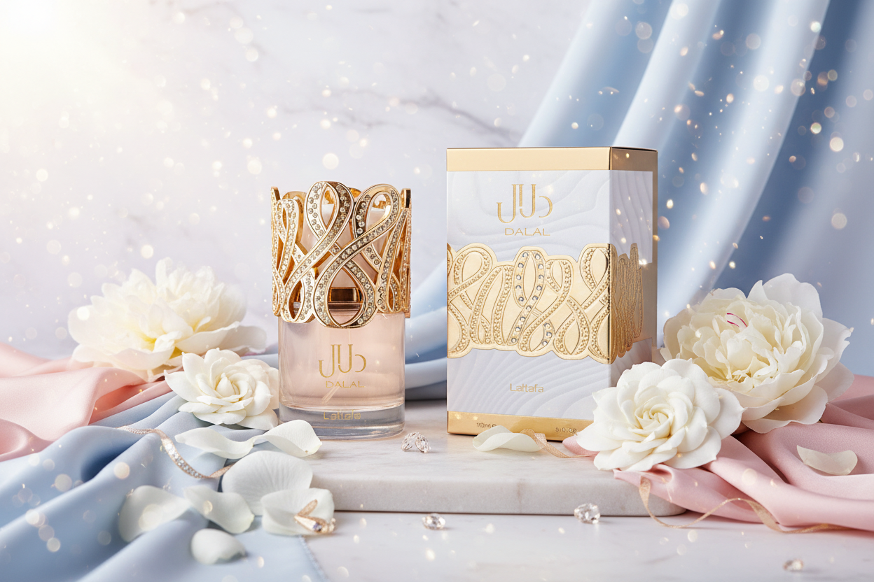 Frasco de perfume Dalal 100 ml con tapa dorada y caja con diseño dorado