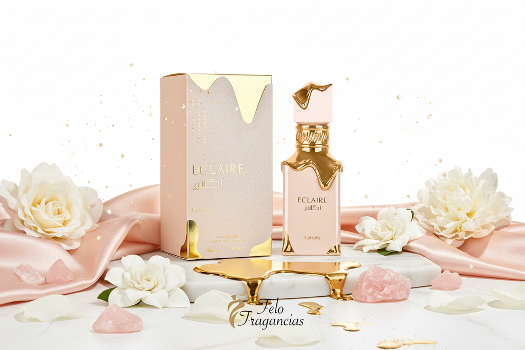 Perfume Eclaire en frasco con tapa dorada y caja de regalo