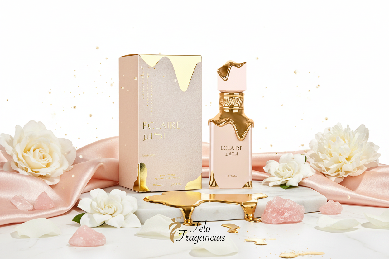 Perfume Eclaire en frasco con tapa dorada y caja de regalo