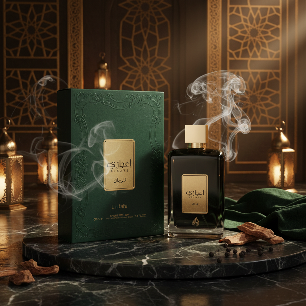 Perfume Ejaazi Lattafa en botella de vidrio oscura con caja verde, 100 ml