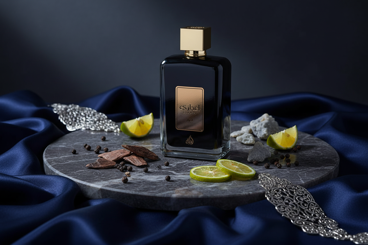 Frasco de Eau de Parfum Lattafa Ejaazi Men 100 ml sobre piedra con limones