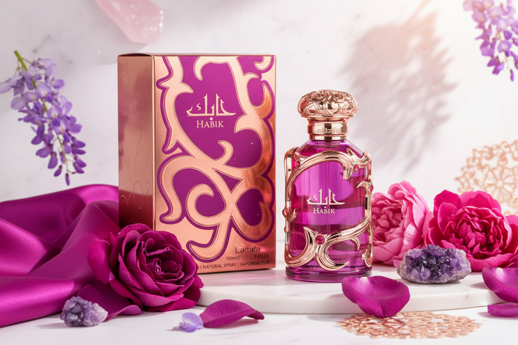 Perfume Lattafa Habik Eau de Parfum: frasco de vidrio con tapa dorada y caja morada