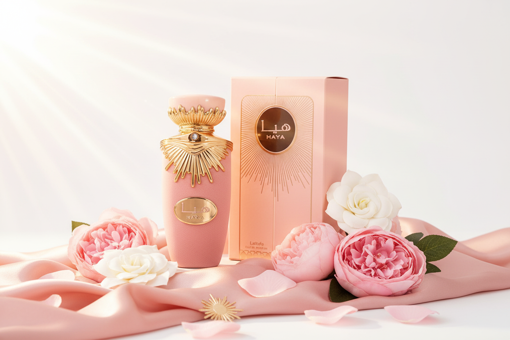 Perfume Lattafa Haya: frasco rosa con tapa dorada y caja a juego
