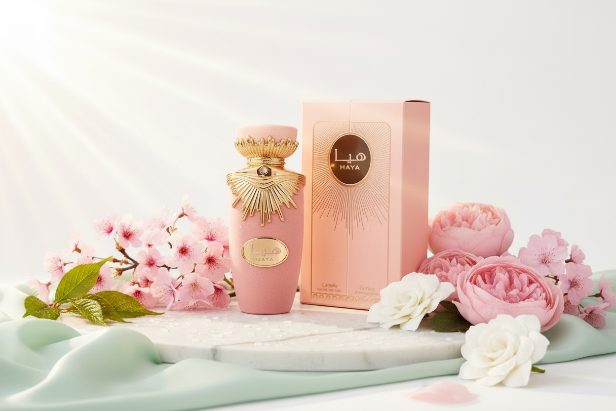 Eau de Parfum Lattafa Haya 100 ml con estuche rosa y frasco