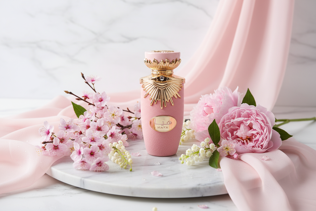 Perfume en frasco rosa con adorno dorado, sobre pedestal con flores