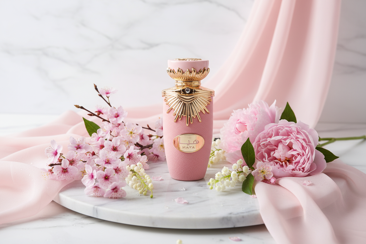 Perfume en frasco rosa con adorno dorado, sobre pedestal con flores