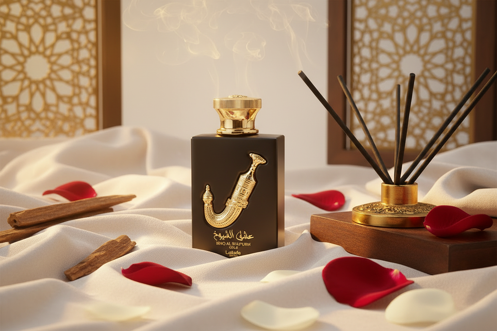 Eau de Parfum Lattafa Pride Ishq Al Shuyukh Gold: frasco negro con decoración dorada
